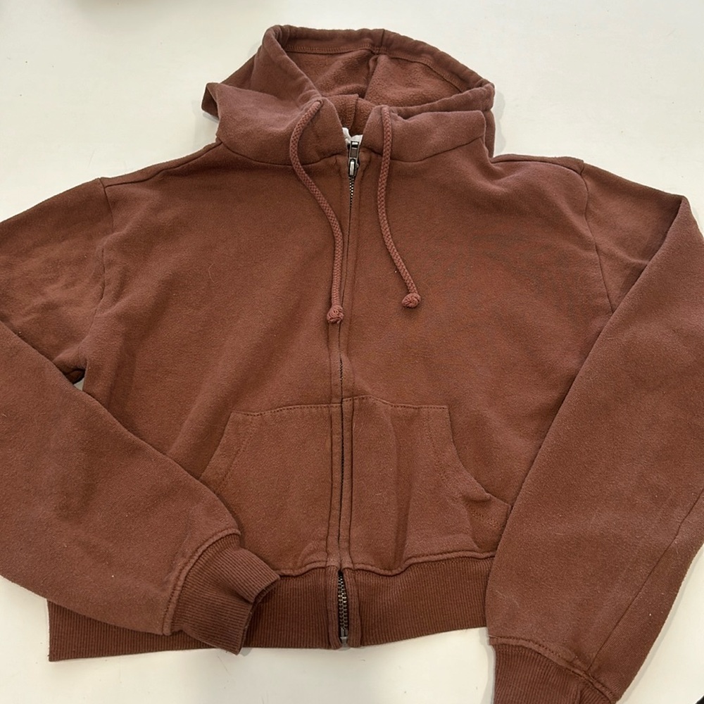 Girls brown cropped zip hoodie